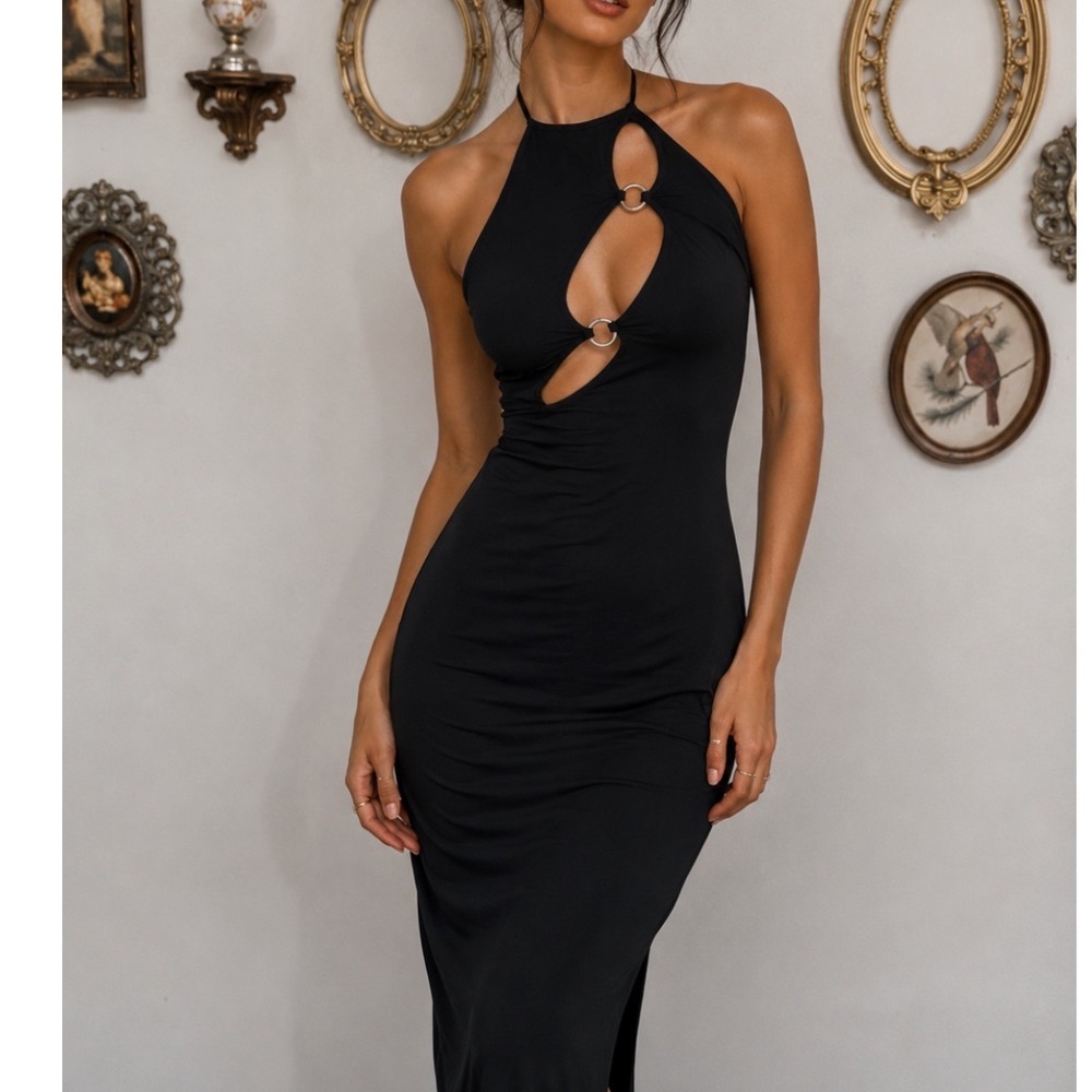 Oh Polly Black Cut Out Halter Midi Dress Silver Ring Detail Y2K Size US 2